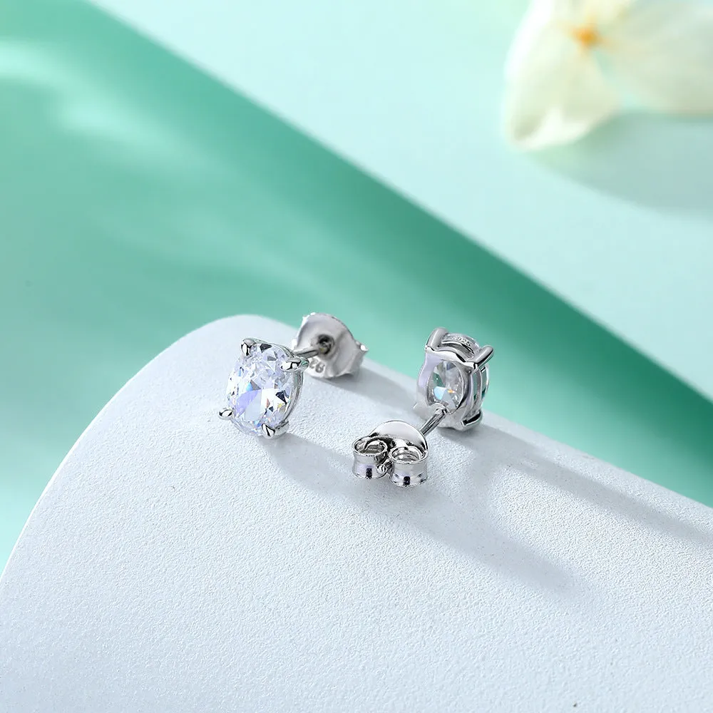 Four Prongs Oval Zircon Silver Studs Earrings for Women