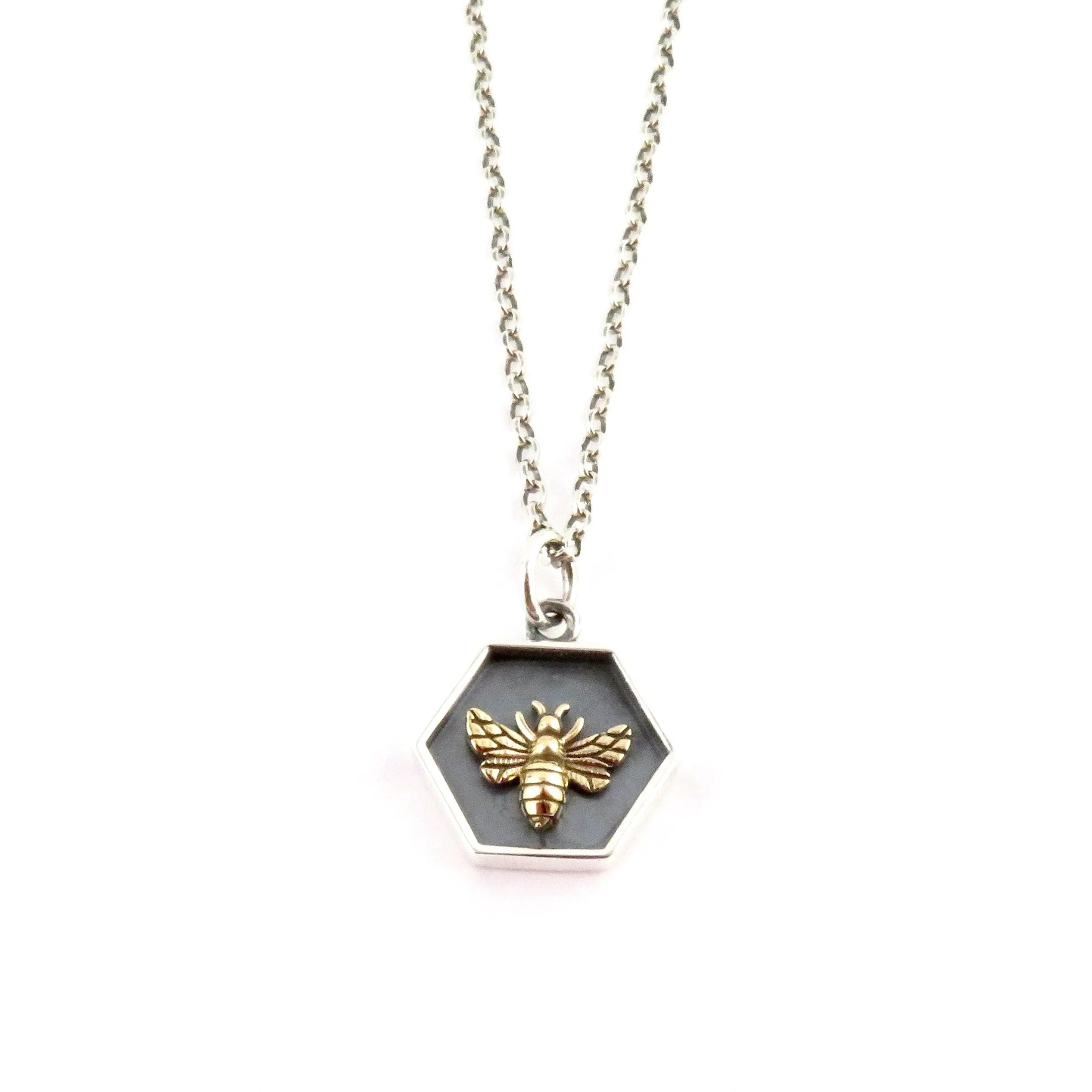 Framed Mixed Metal Bee Hexagon Necklace