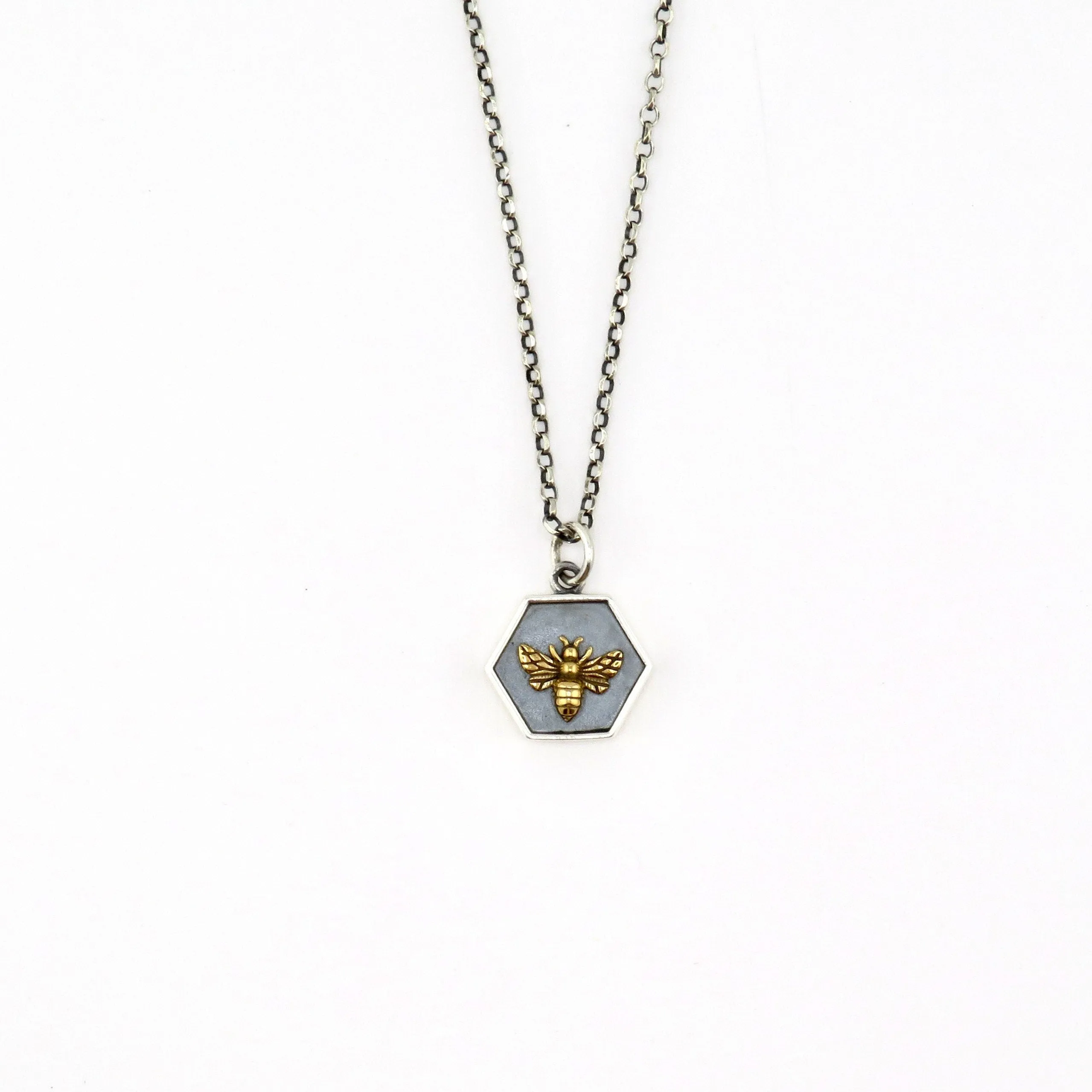 Framed Mixed Metal Bee Hexagon Necklace