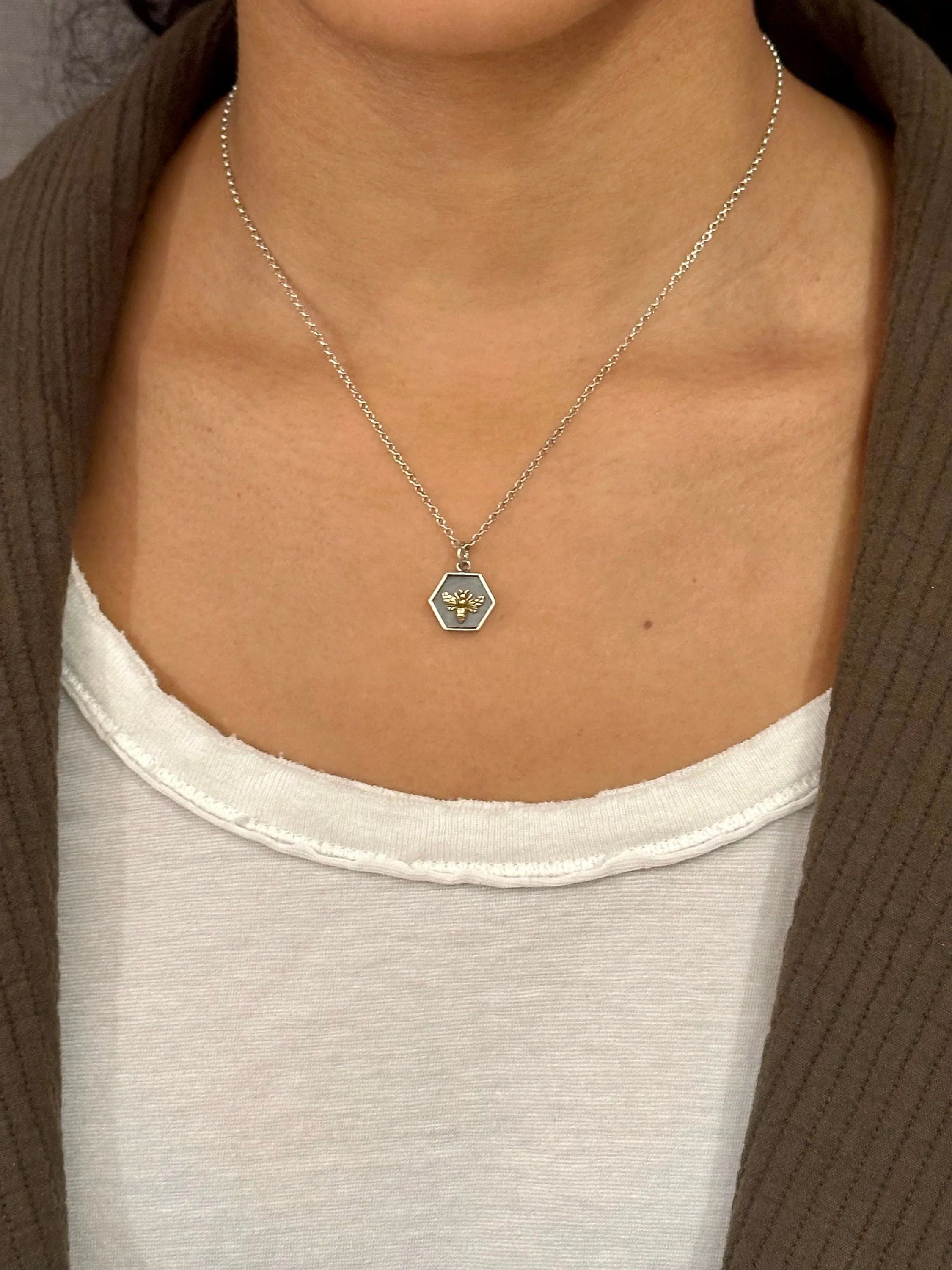 Framed Mixed Metal Bee Hexagon Necklace