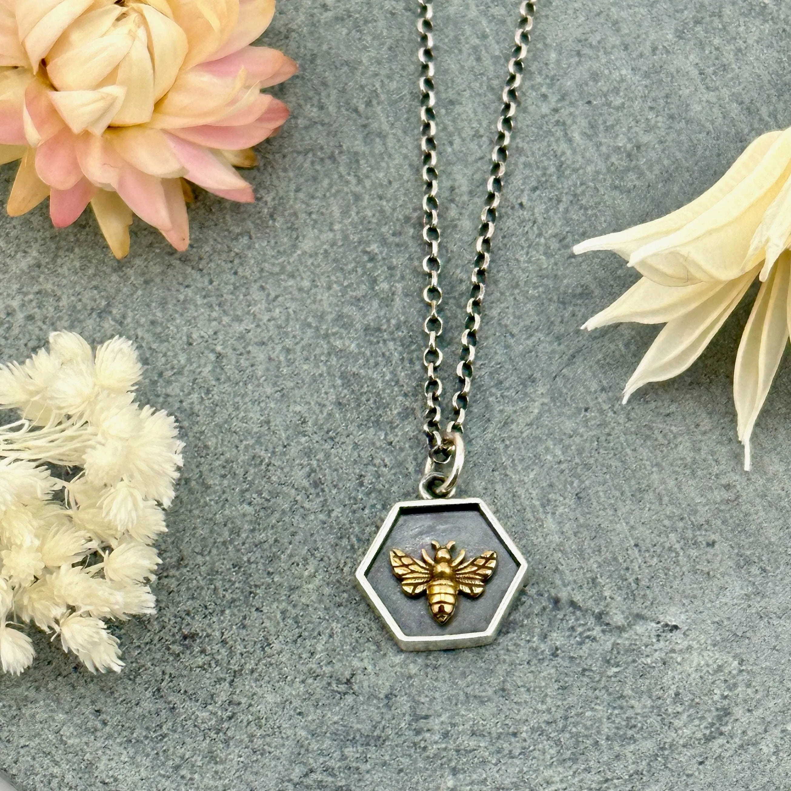Framed Mixed Metal Bee Hexagon Necklace