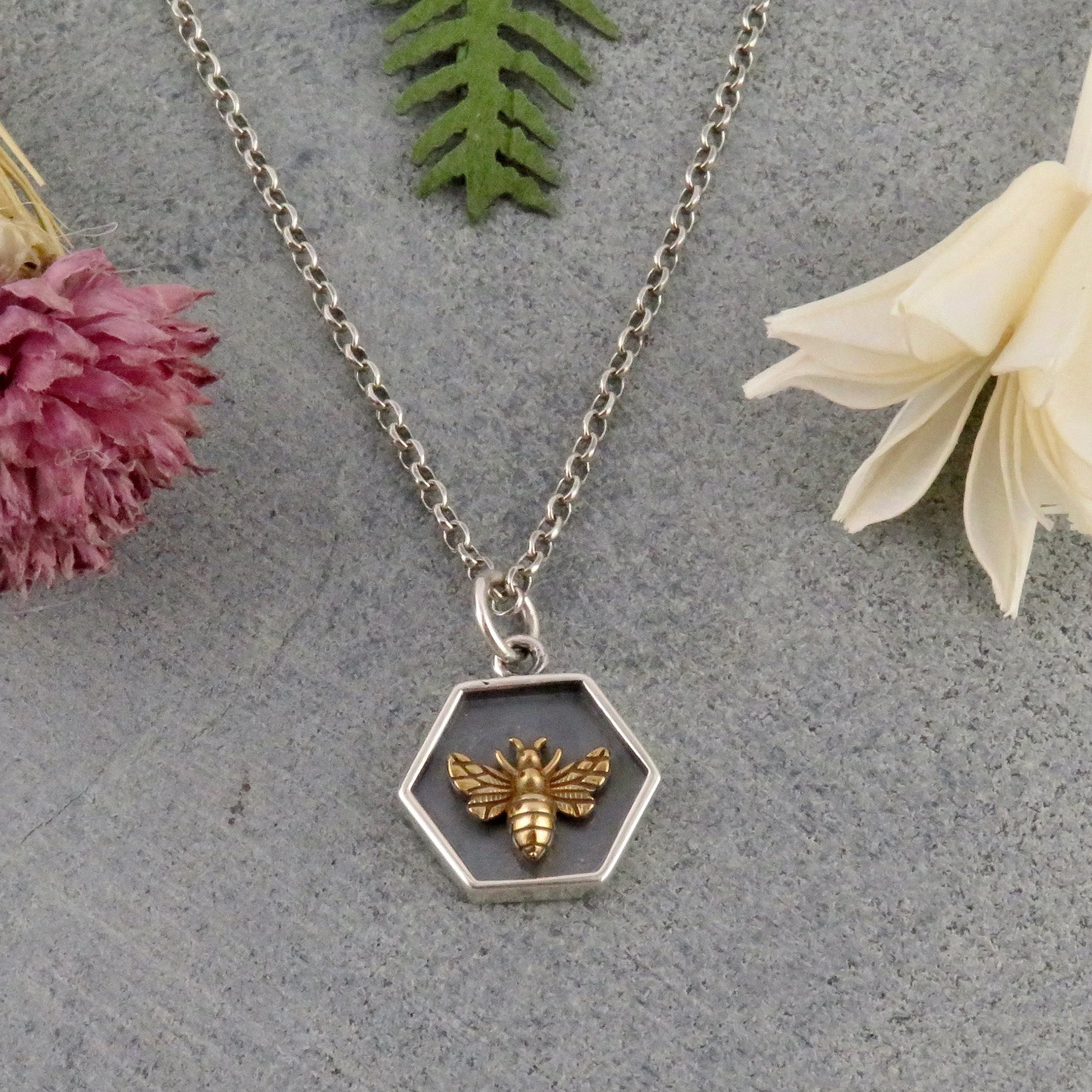 Framed Mixed Metal Bee Hexagon Necklace