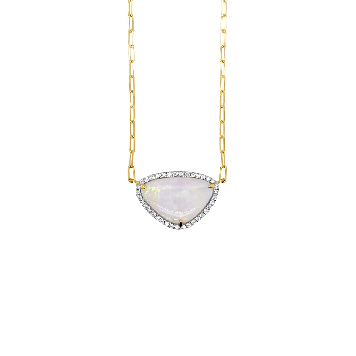 Frederic Sage 18K Yellow Gold Triangular Australian Opal with Diamond Halo on Paperclip Chain Necklace