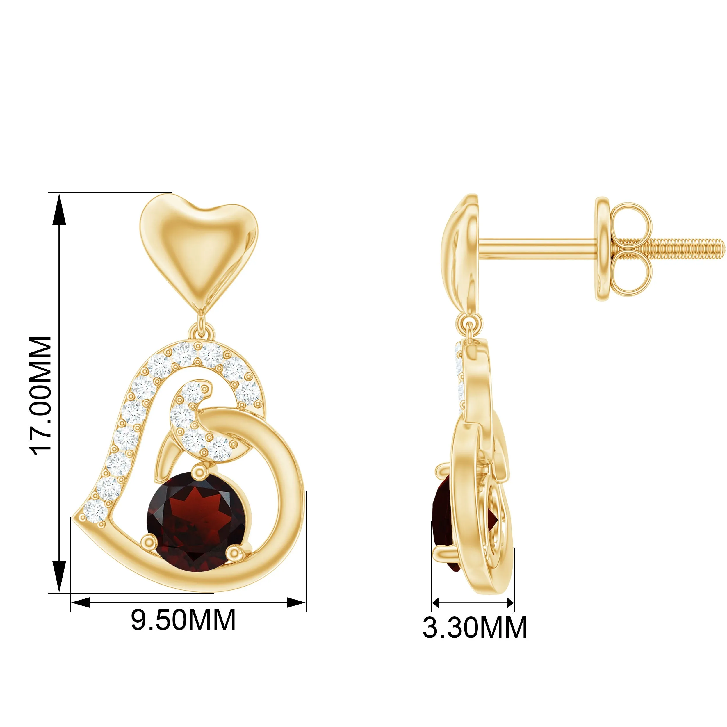 Garnet Heart Drop Earrings with Diamond Accent