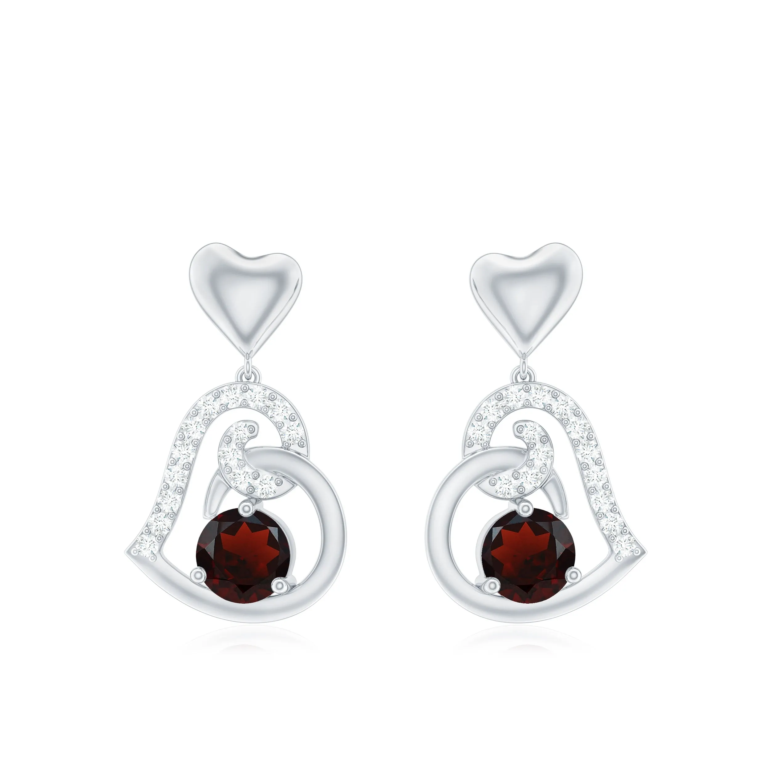 Garnet Heart Drop Earrings with Diamond Accent