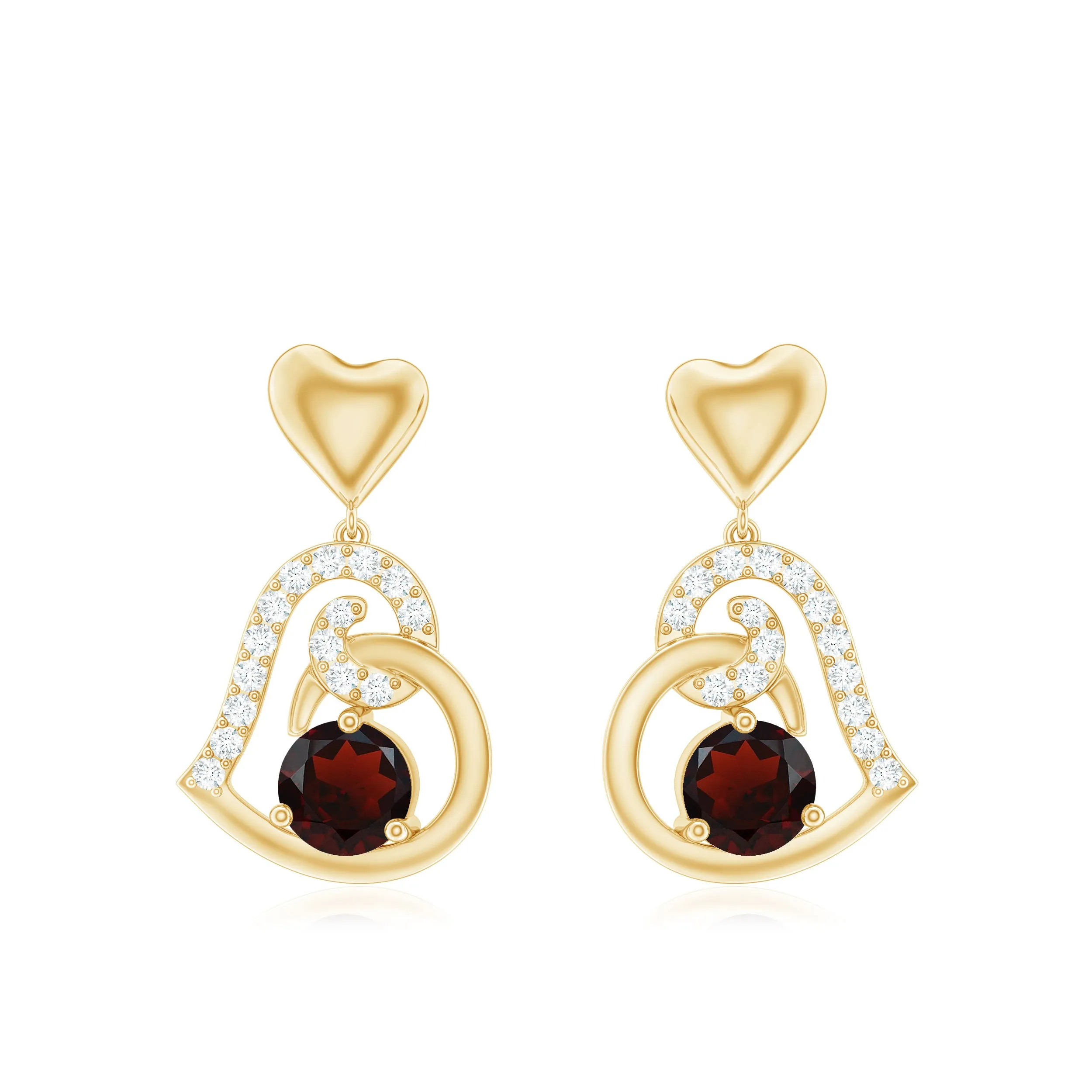 Garnet Heart Drop Earrings with Diamond Accent