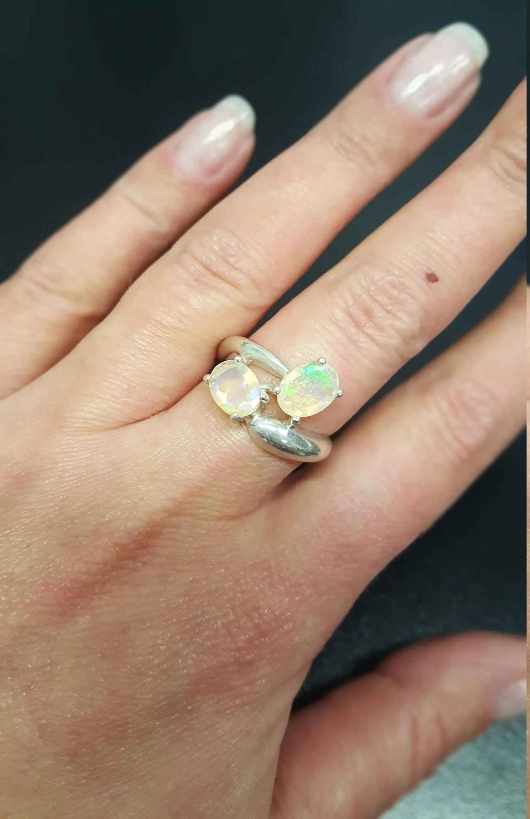 Genuine Opal Ring - Unique Two Stone Ring - Vintage Bypass Ring