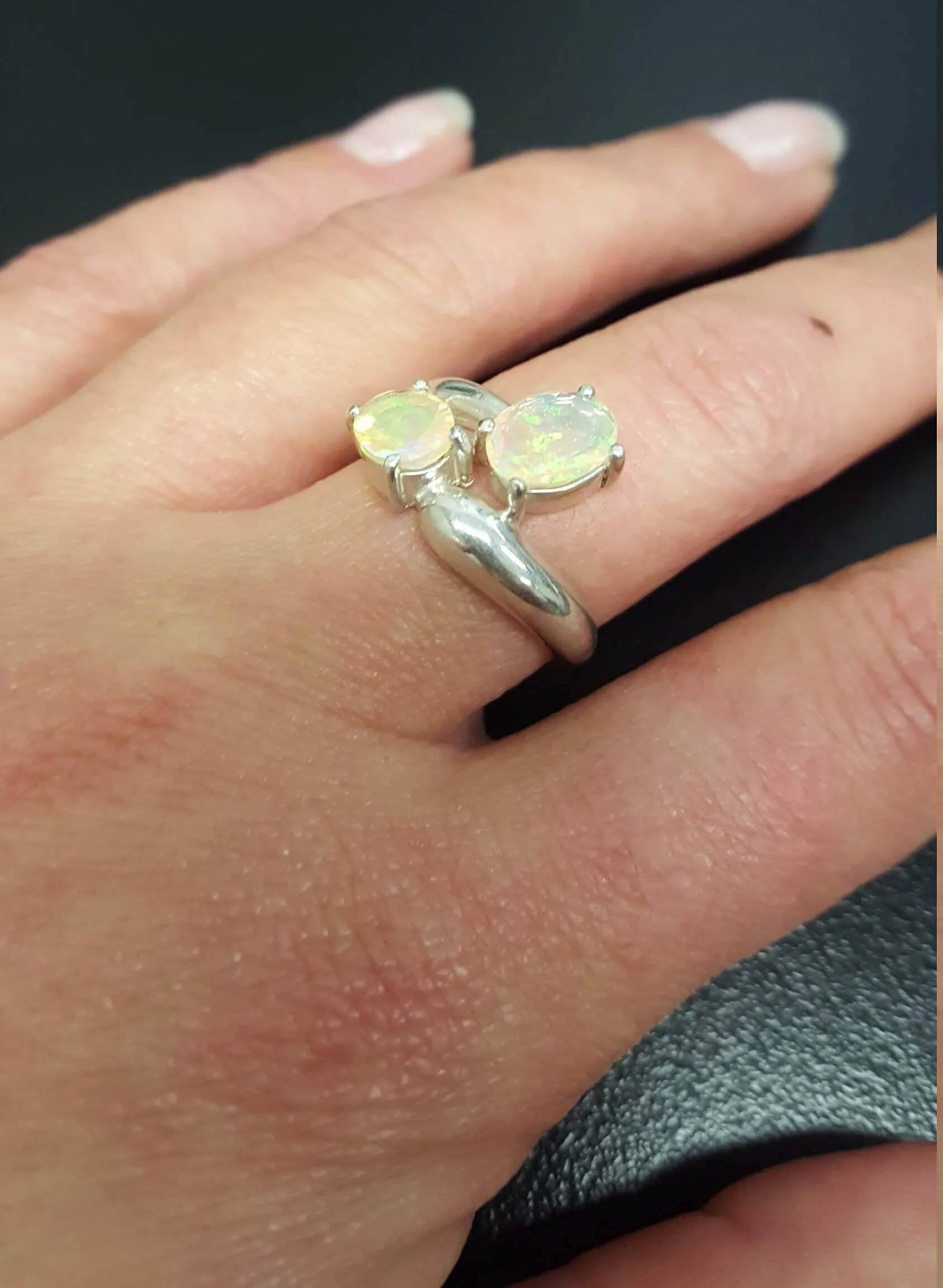 Genuine Opal Ring - Unique Two Stone Ring - Vintage Bypass Ring