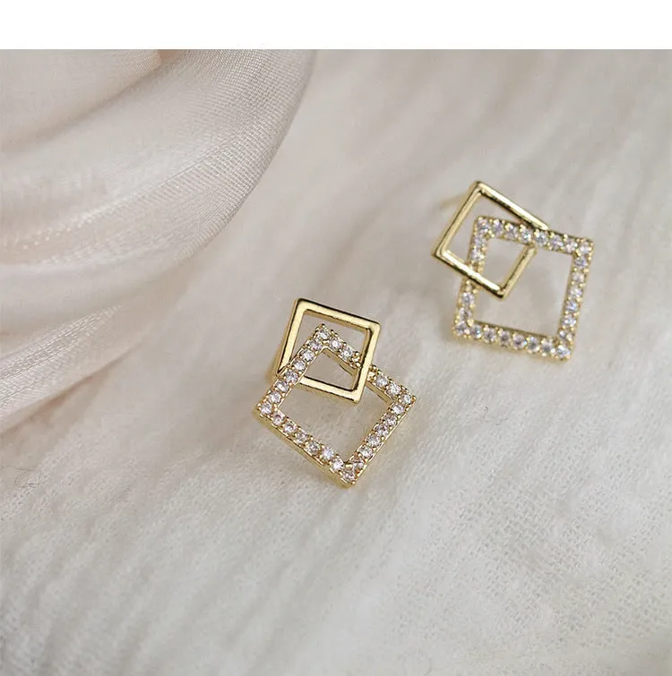 Geometric Square Silver Studs Earrings for Women