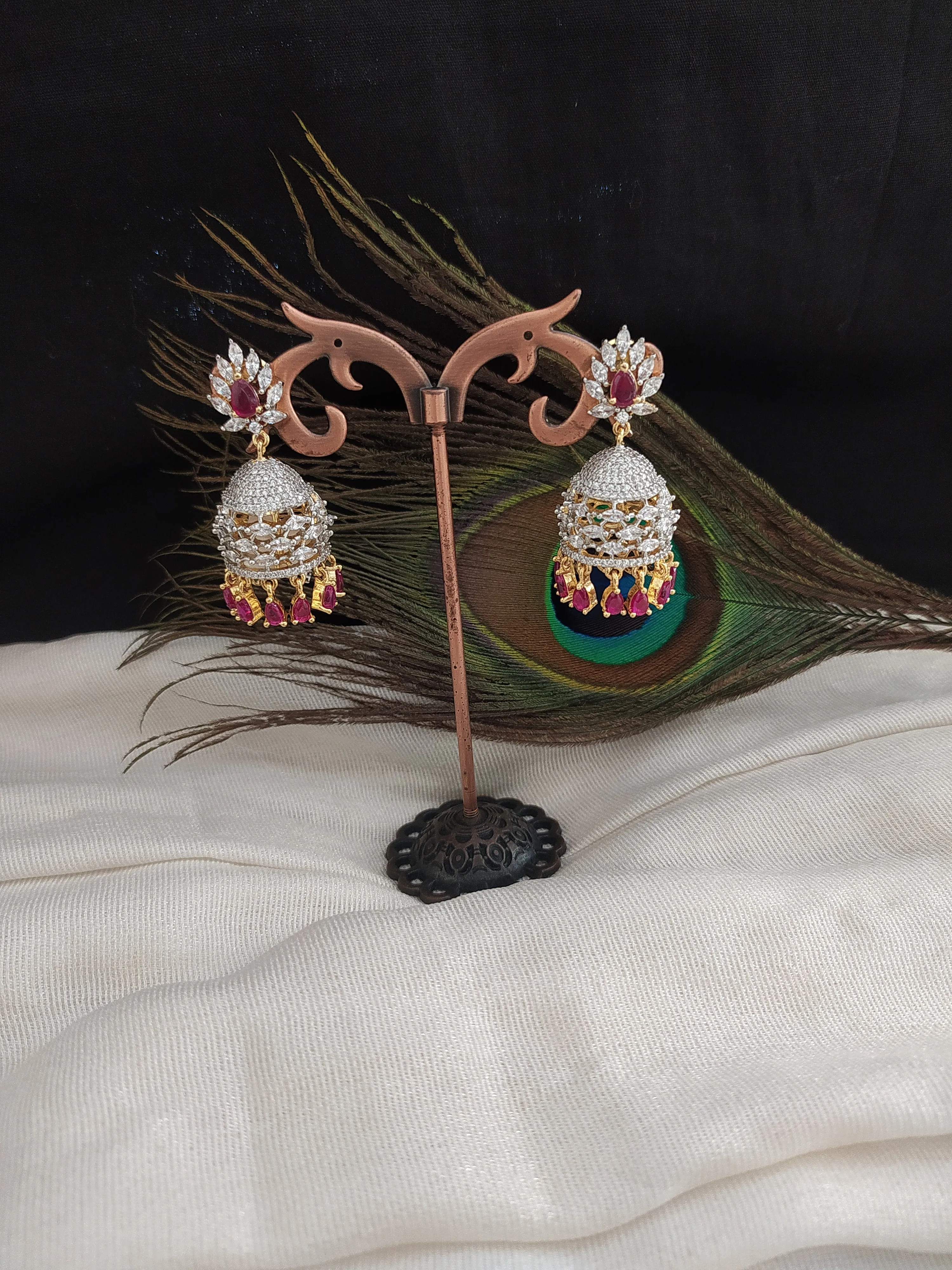 Gold & Silver (two-tone) Plated Jhumka With Zircon Stones