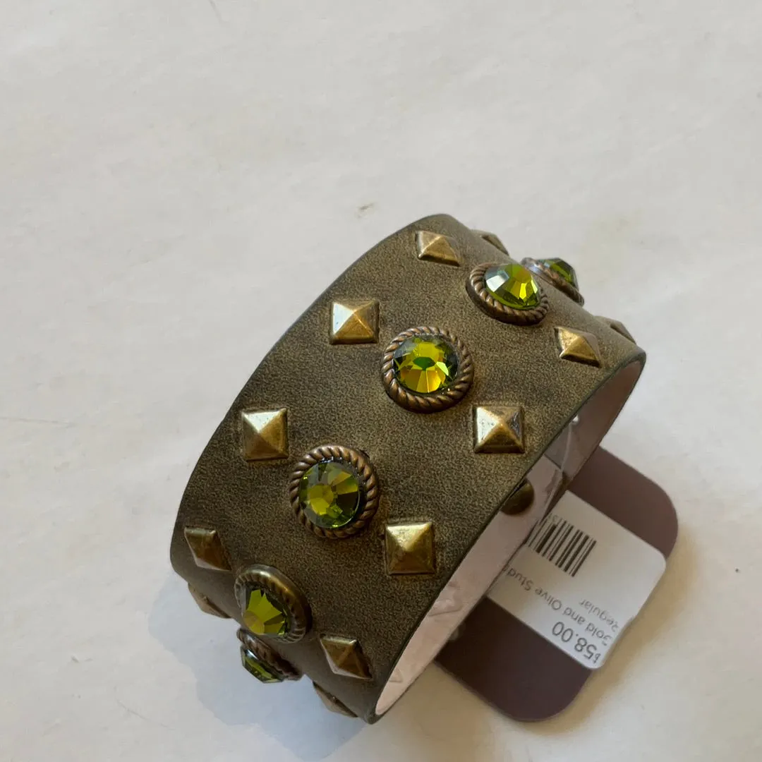 Gold and Olive Studded Leather Cuff Bracelet