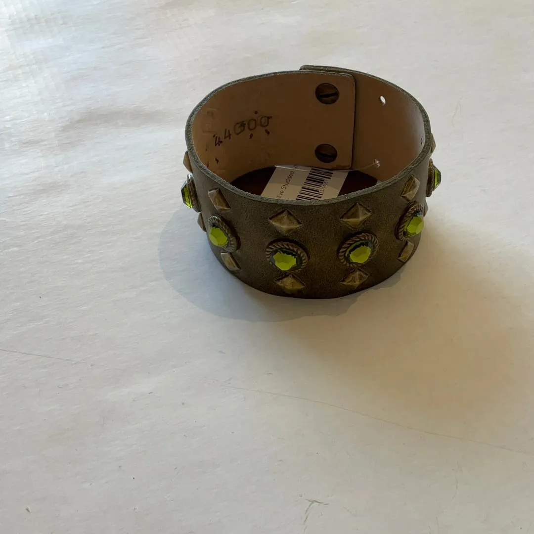 Gold and Olive Studded Leather Cuff Bracelet