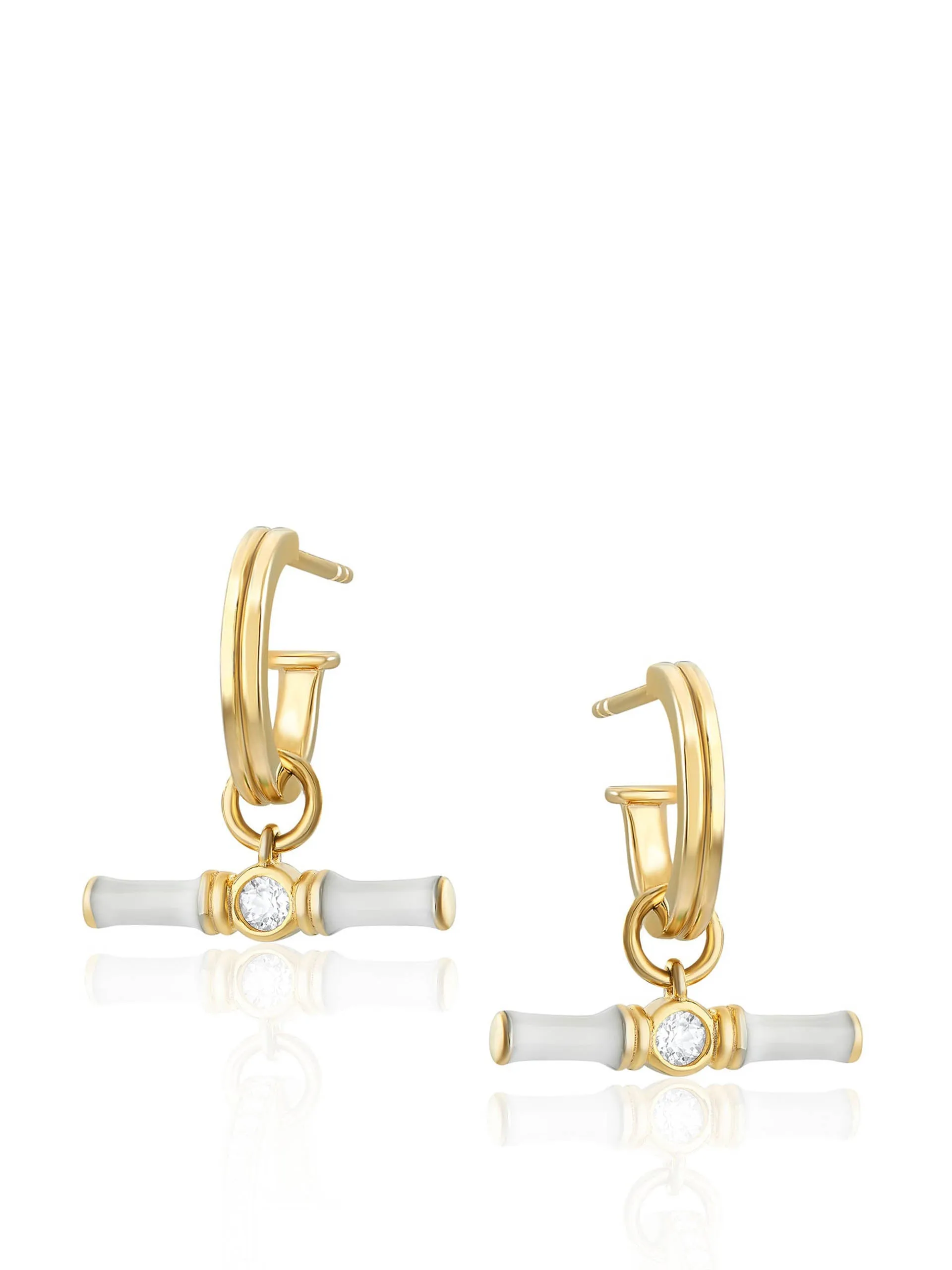 Gold Dyllan hoop earrings with white enamel t-bar charms