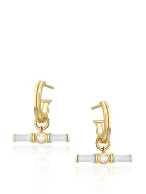 Gold Dyllan hoop earrings with white enamel t-bar charms
