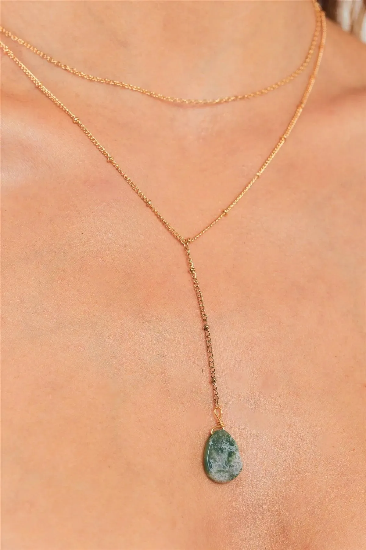 Gold Faux Jade Stone Double Chine Necklace