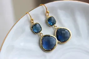 Gold Large Sapphire Earrings Navy Blue Jewelry - Two Tiered Earrings Sapphire Bridesmaid Jewelry - Navy Blue Wedding Jewelry Christmas Gift