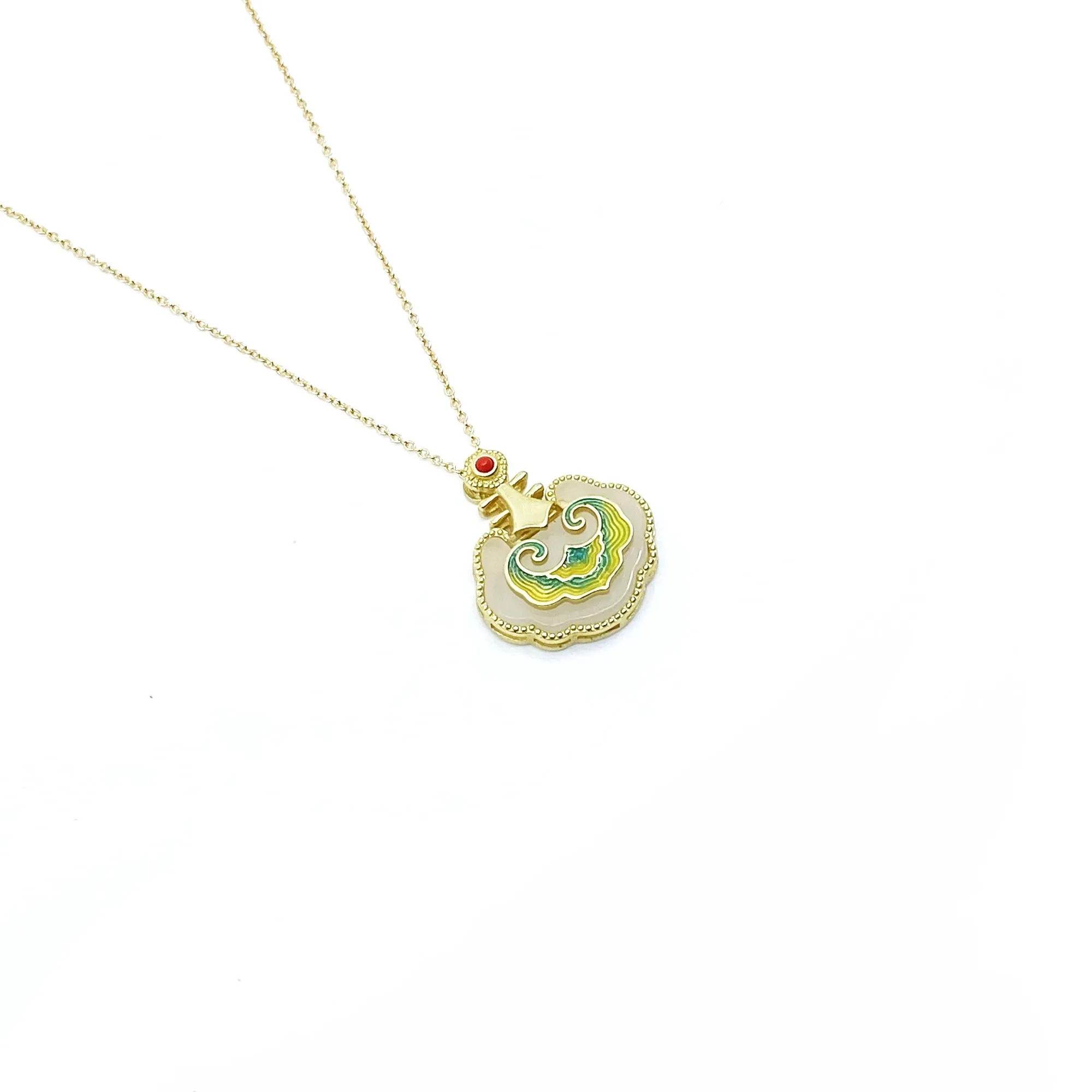 Gold Pipa Auspicious Clouds Hetian Jade Necklace