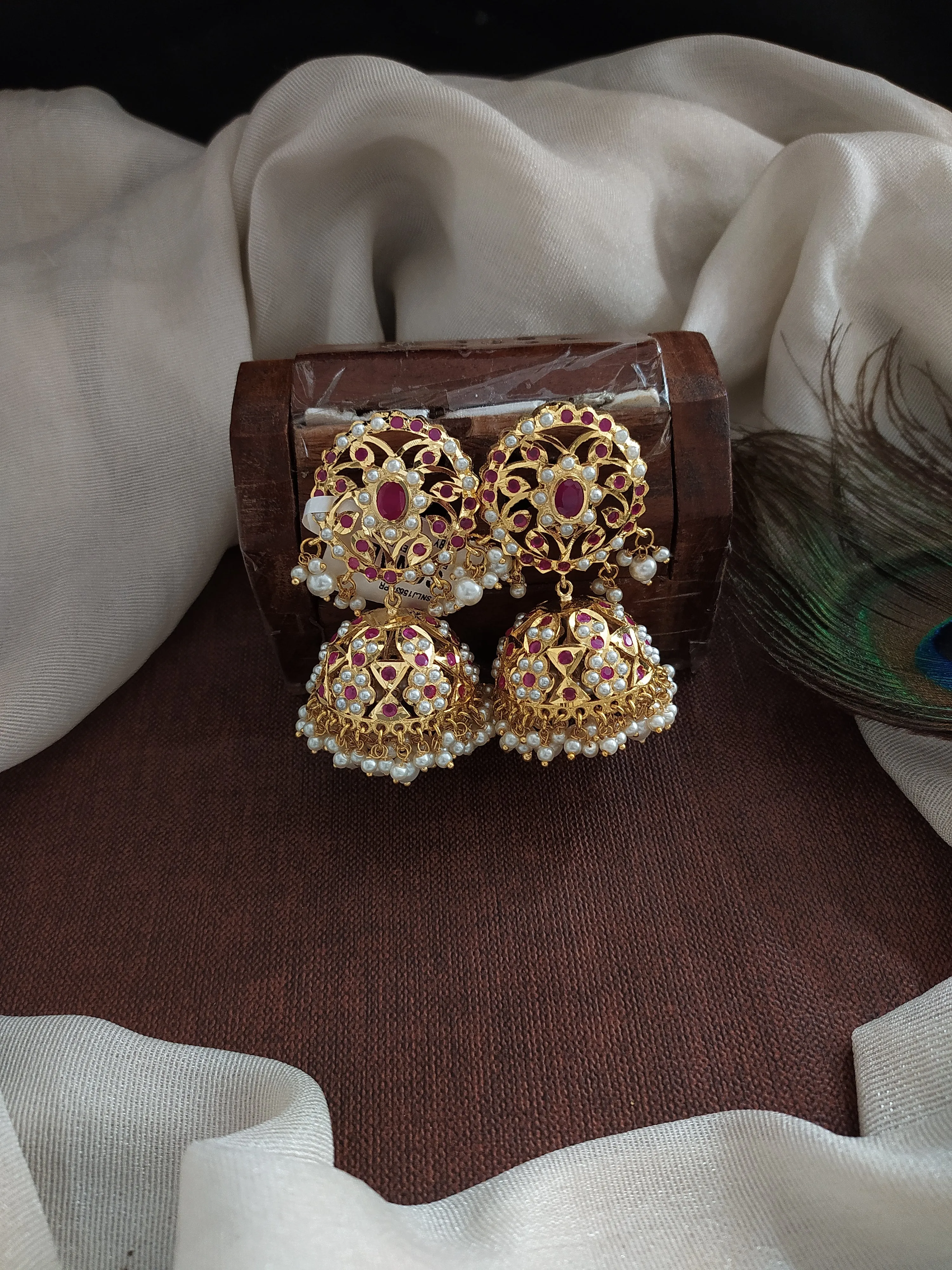 Gold-Plated Nizami Jhumki with Pearl Drops – Red with Green, Turquoise, and Red