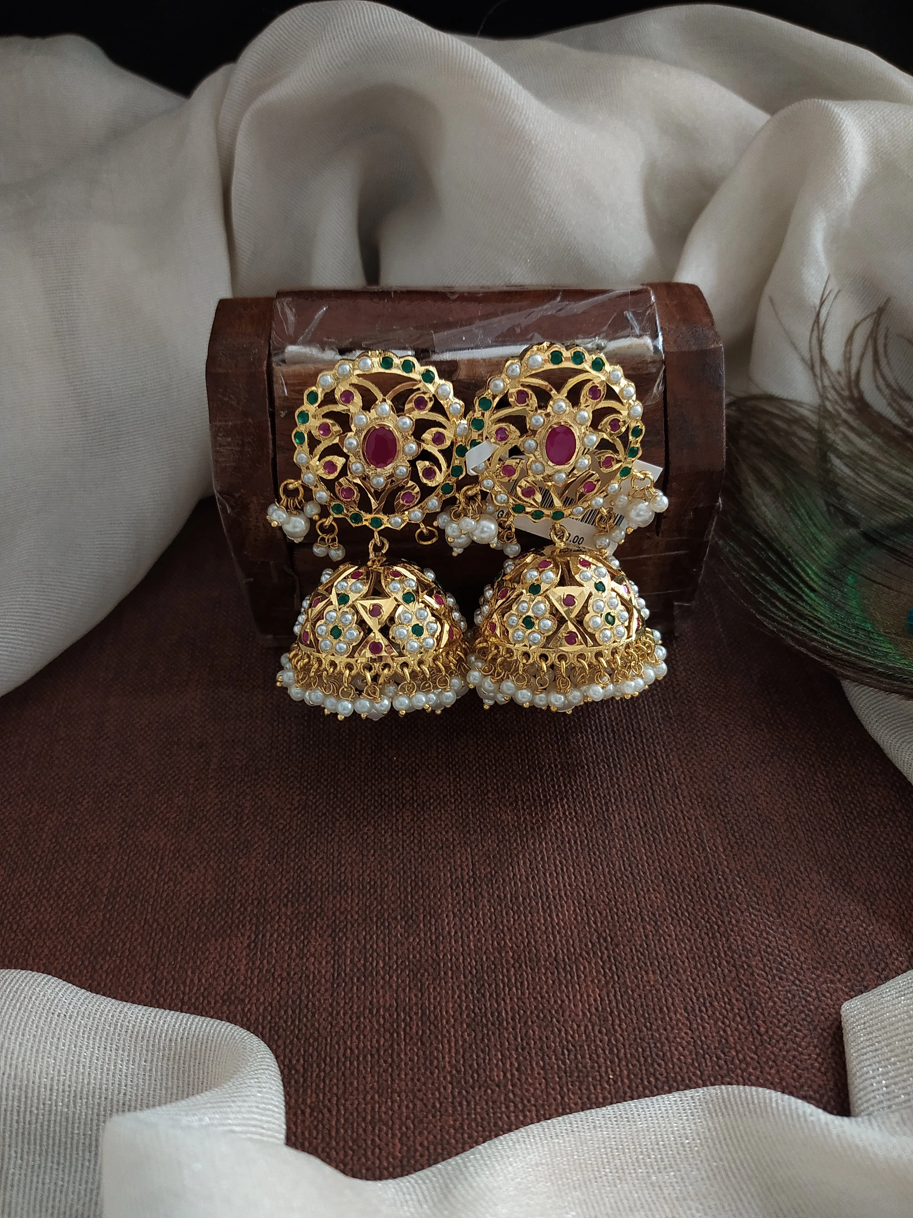 Gold-Plated Nizami Jhumki with Pearl Drops – Red with Green, Turquoise, and Red