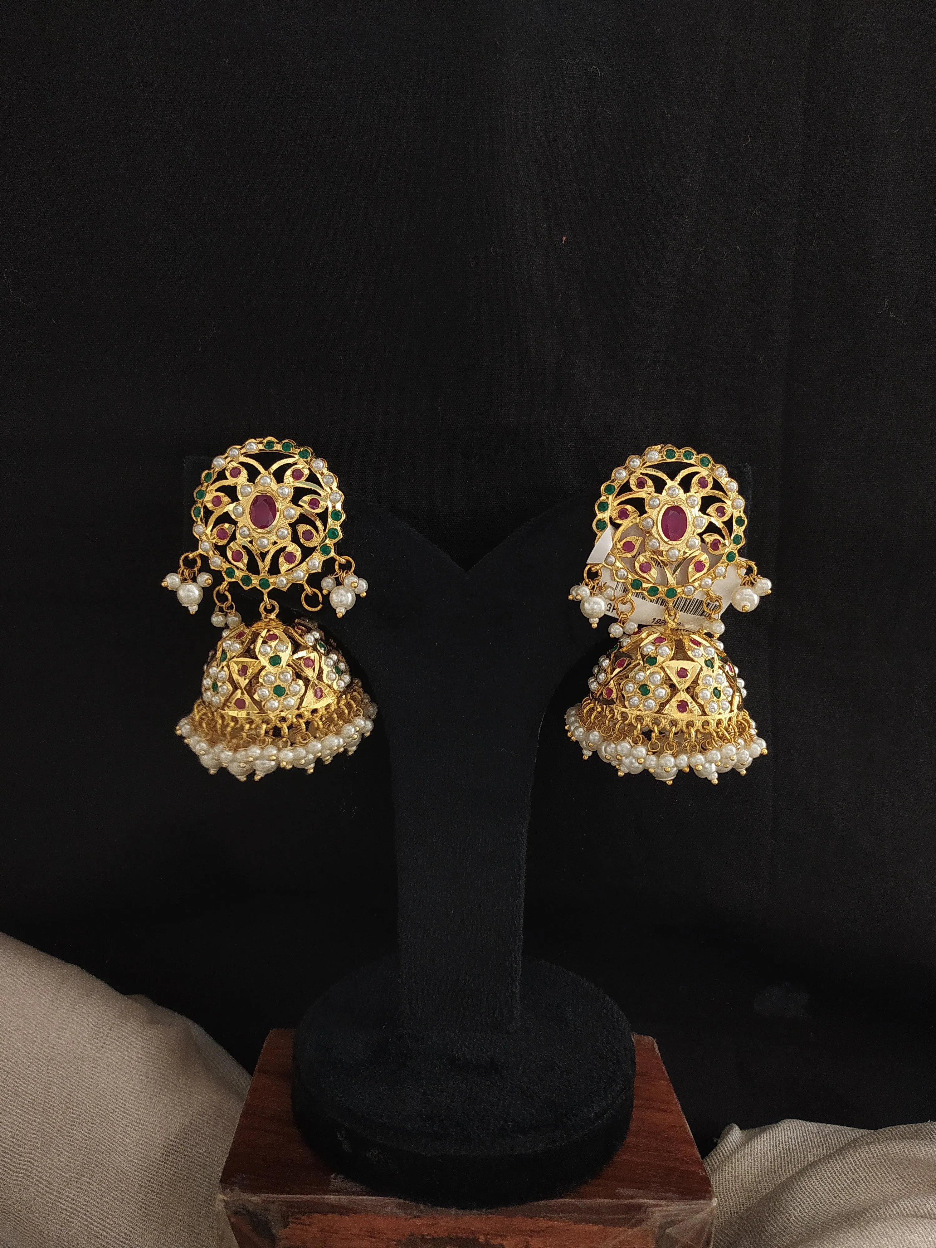 Gold-Plated Nizami Jhumki with Pearl Drops – Red with Green, Turquoise, and Red