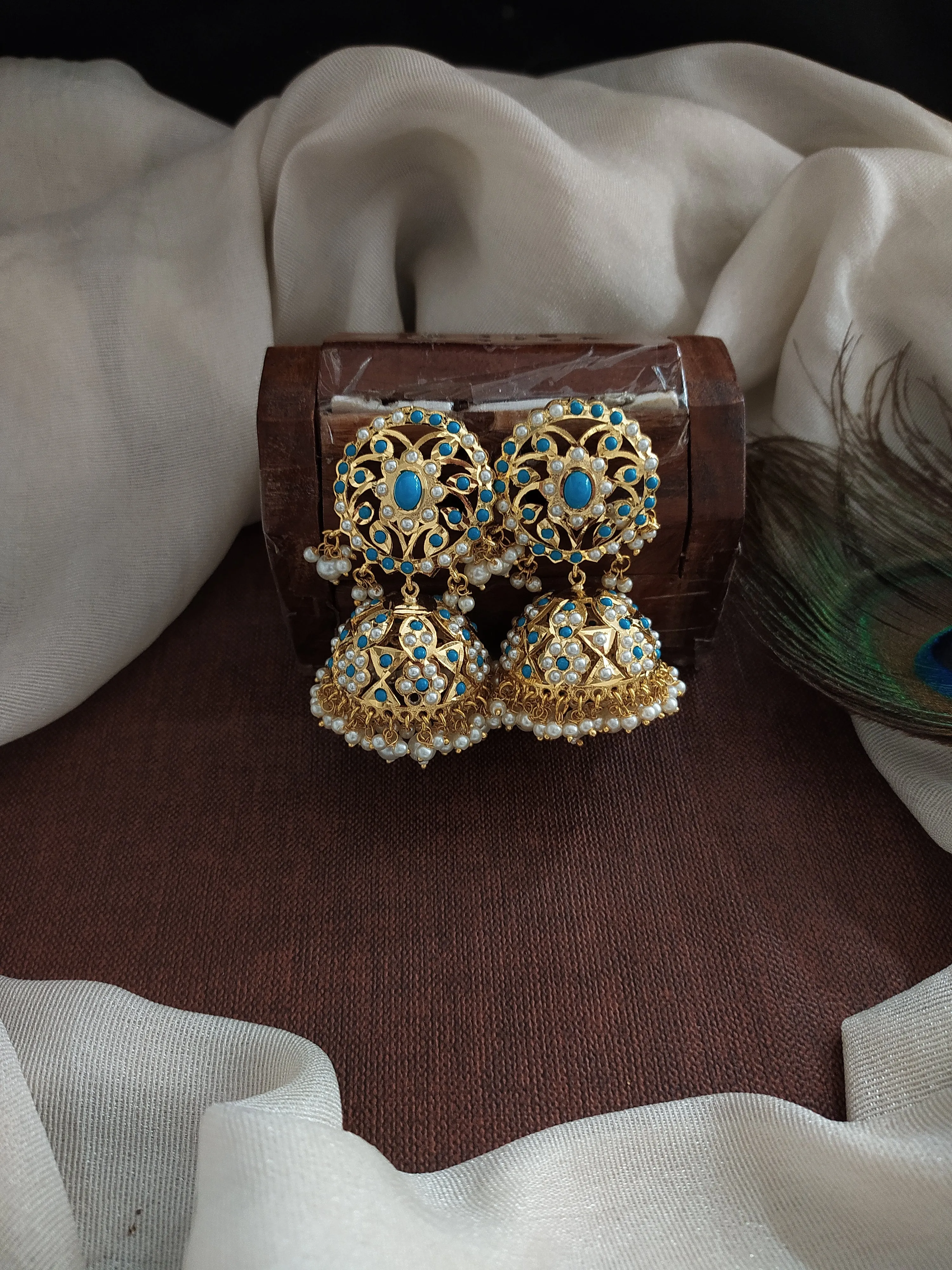 Gold-Plated Nizami Jhumki with Pearl Drops – Red with Green, Turquoise, and Red