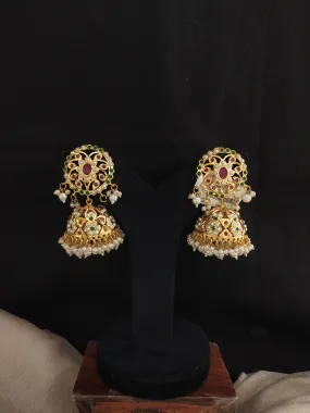 Gold-Plated Nizami Jhumki with Pearl Drops – Red with Green, Turquoise, and Red