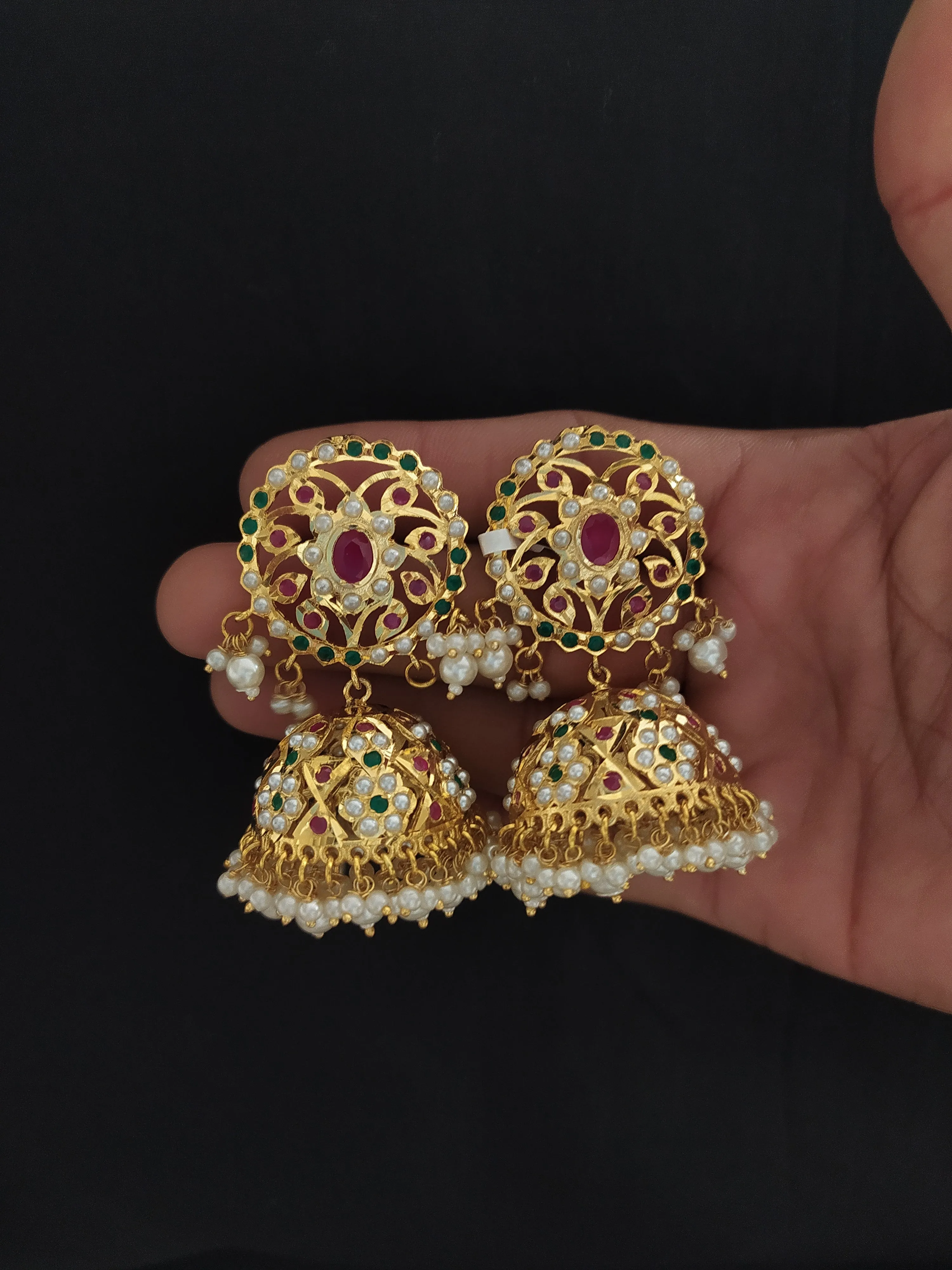 Gold-Plated Nizami Jhumki with Pearl Drops – Red with Green, Turquoise, and Red