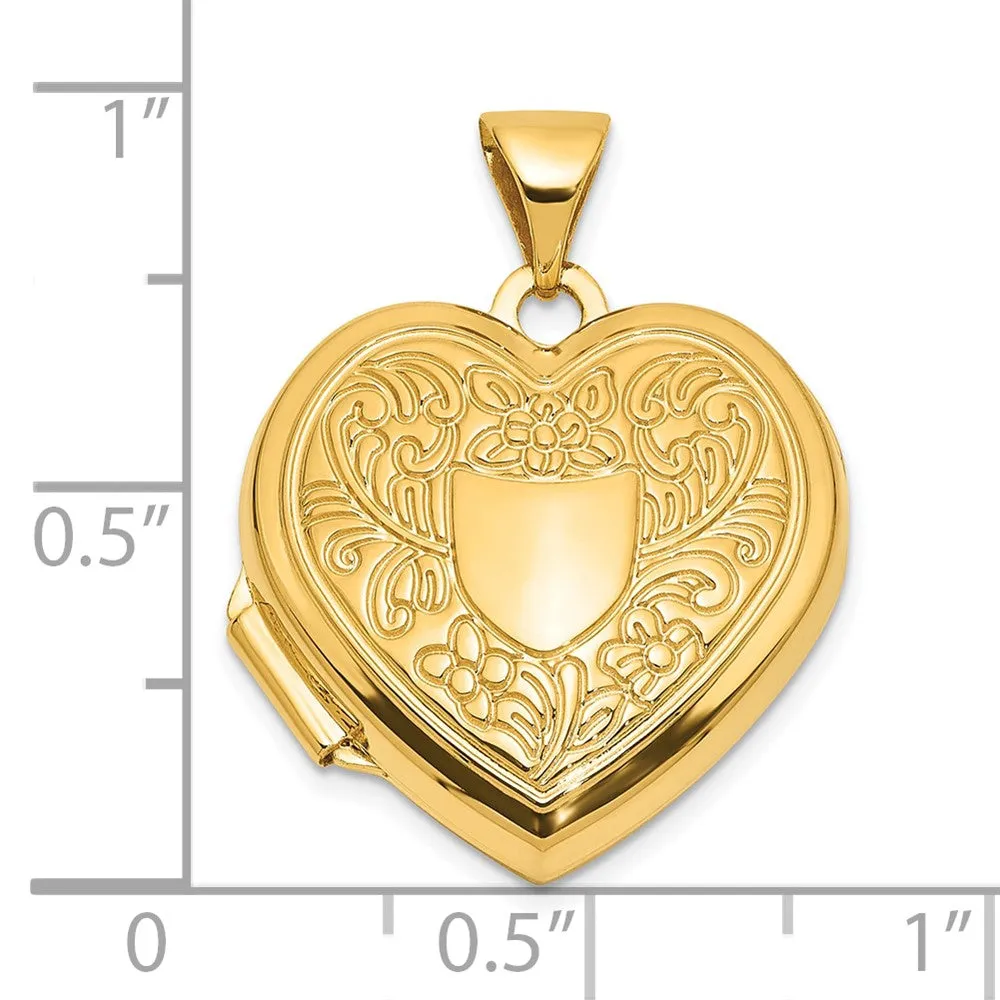 Gold Polished Fancy Floral Border and Crest 18mm Heart Locket - Model XL858