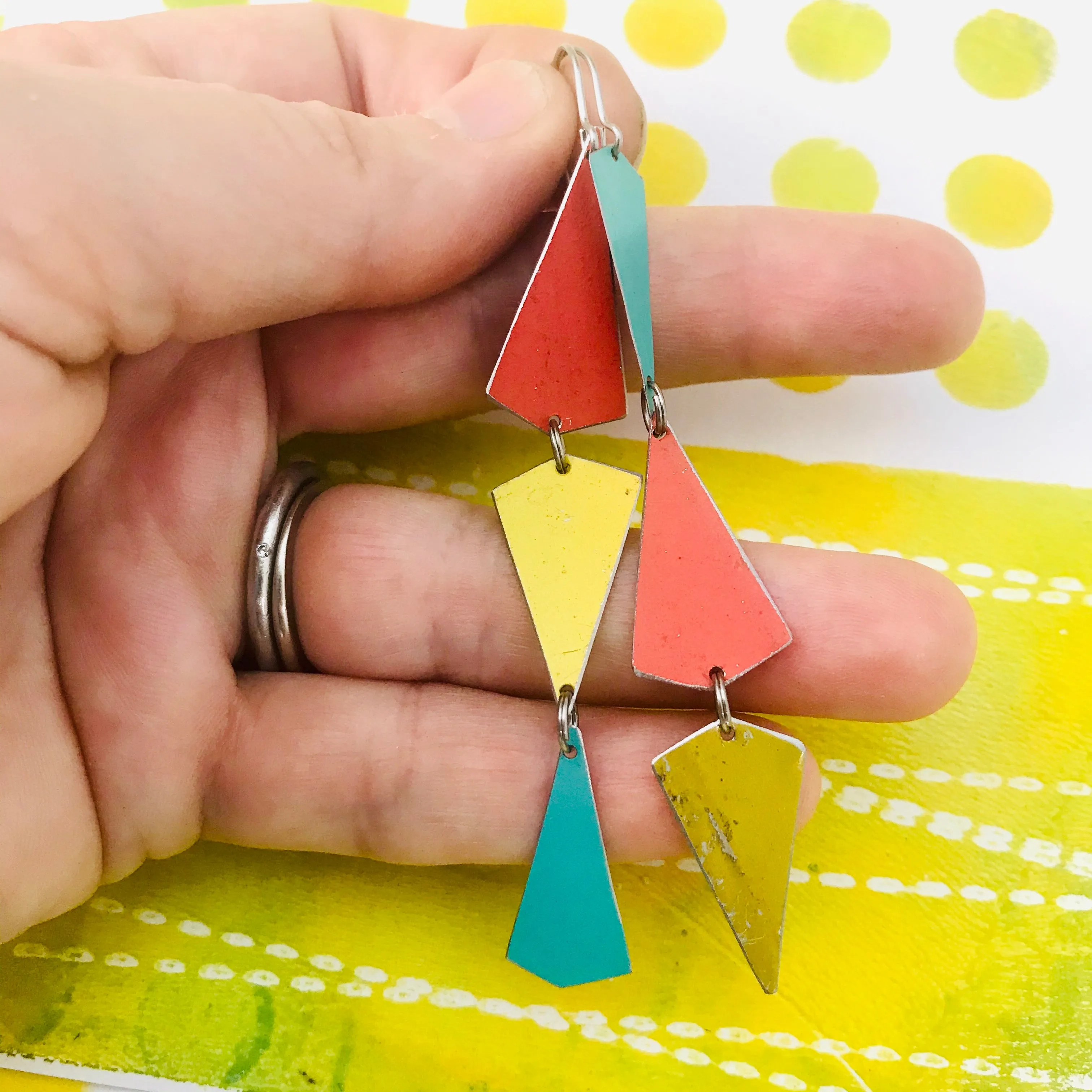 Gold, Turquoise & Coral Small Narrow Kites Recycled Tin Earrings