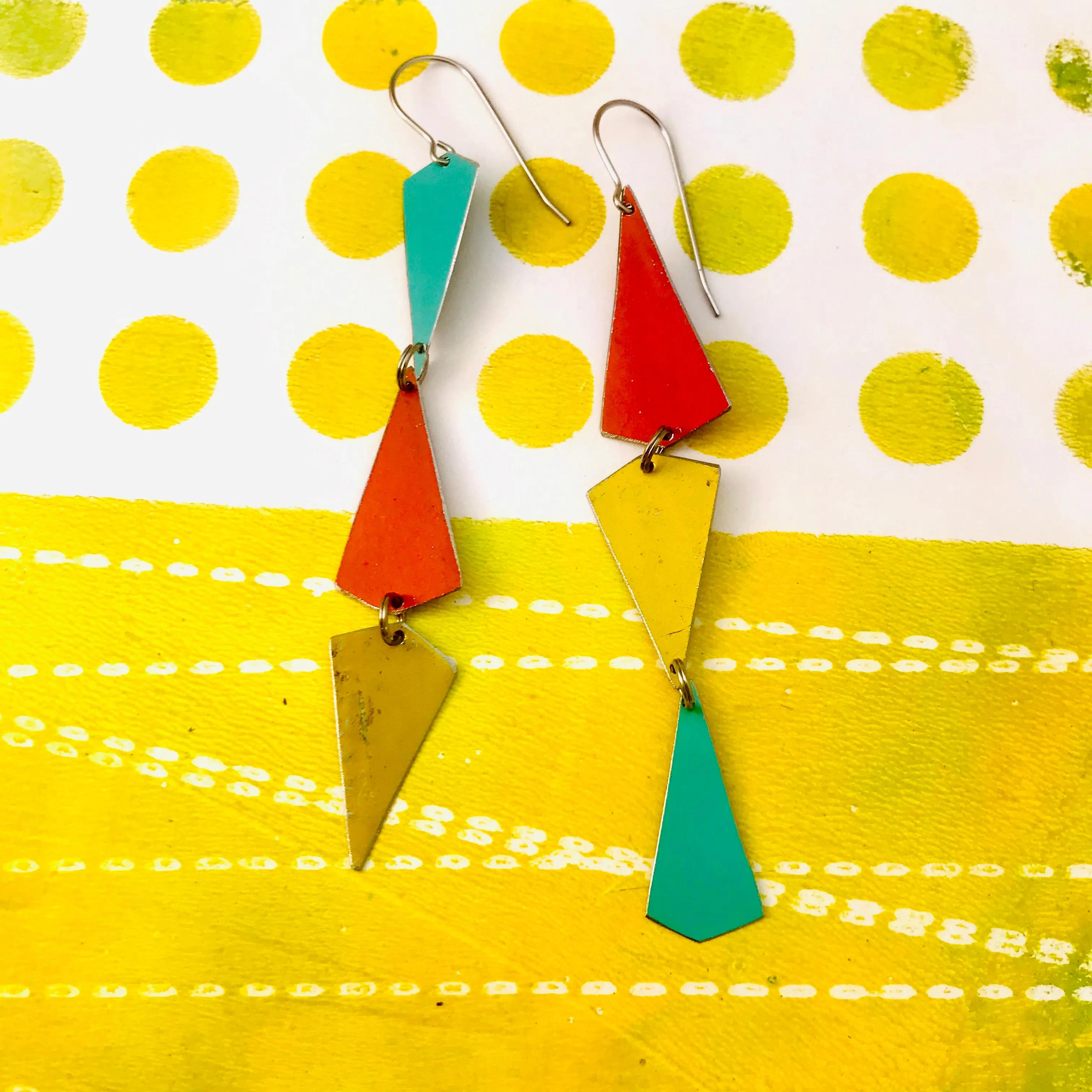 Gold, Turquoise & Coral Small Narrow Kites Recycled Tin Earrings