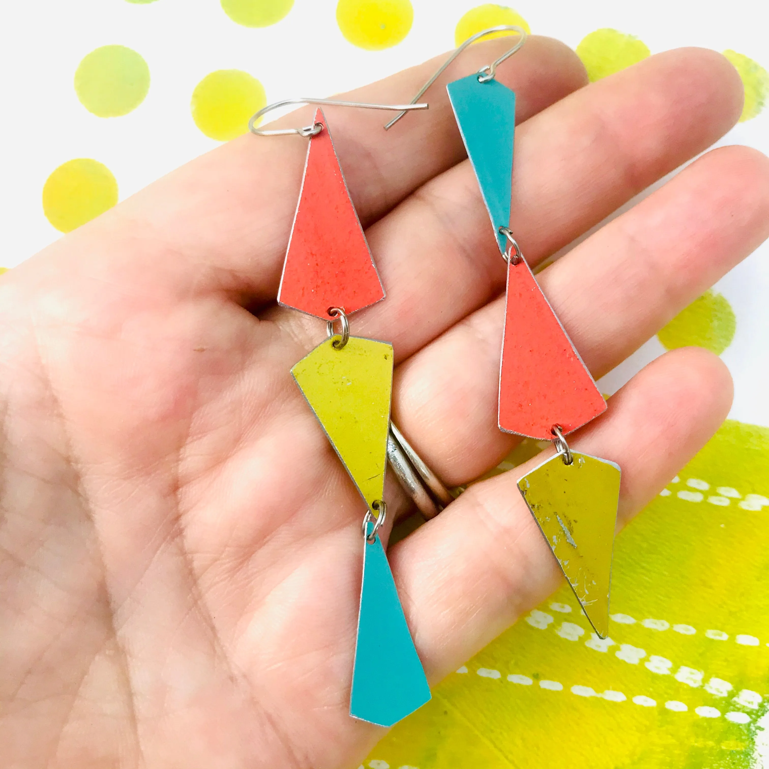 Gold, Turquoise & Coral Small Narrow Kites Recycled Tin Earrings