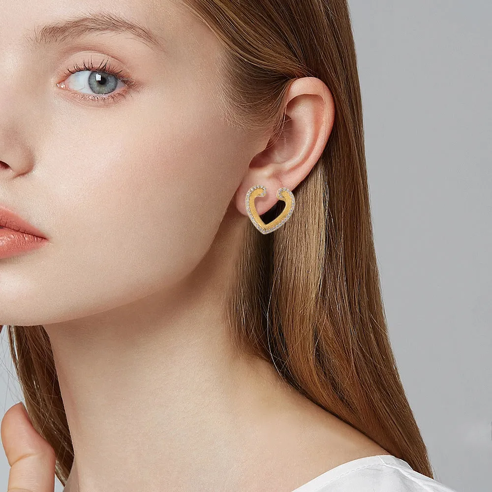 Golden Sandblasting Zircon Hollow Heart Shaped Sterling Silver Stud Earrings