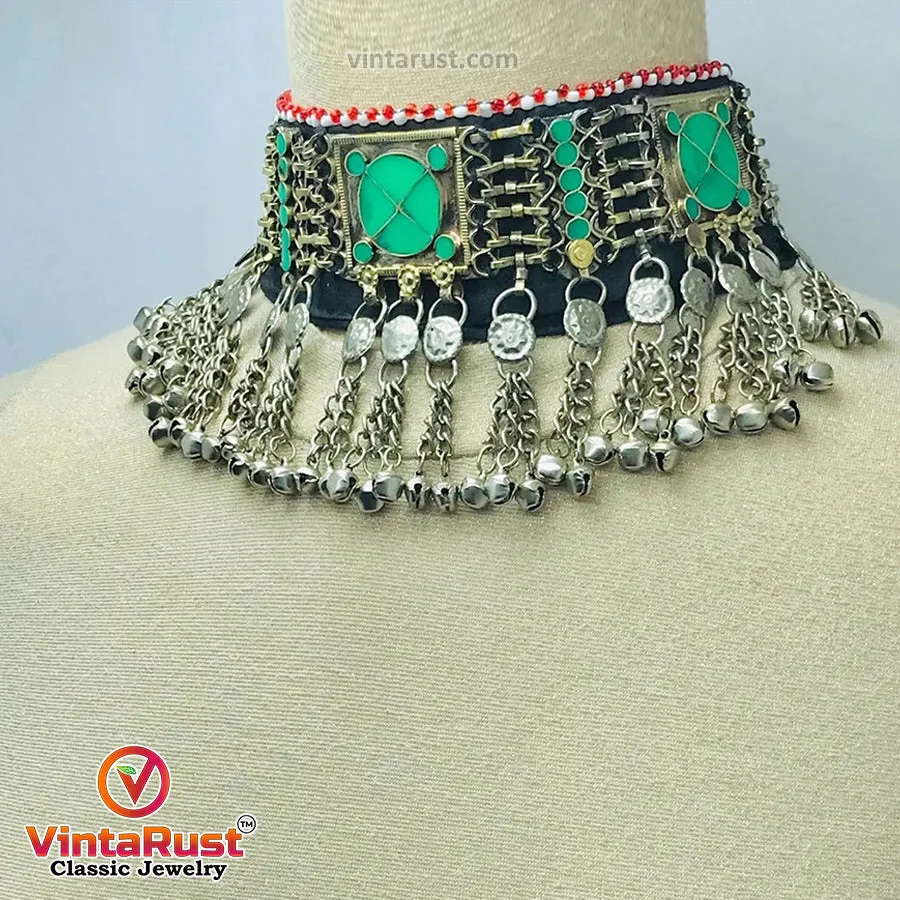 Green Trendy Choker Necklace With Dangling Silver Bells