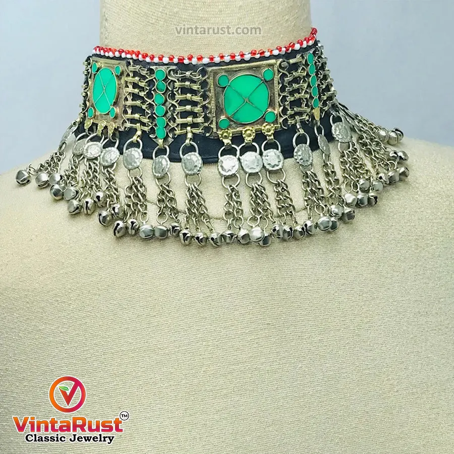 Green Trendy Choker Necklace With Dangling Silver Bells