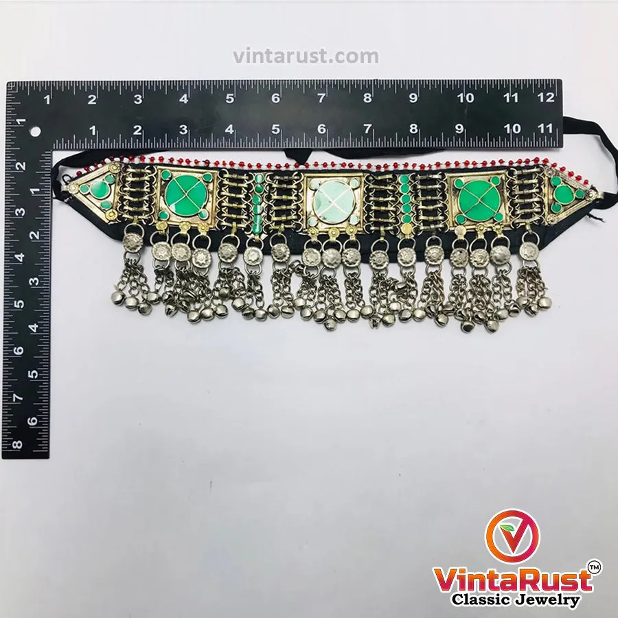 Green Trendy Choker Necklace With Dangling Silver Bells