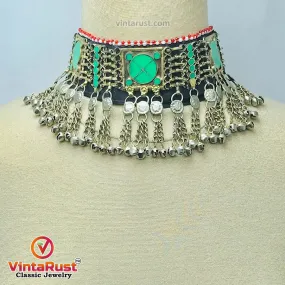 Green Trendy Choker Necklace With Dangling Silver Bells