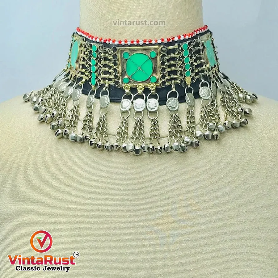 Green Trendy Choker Necklace With Dangling Silver Bells