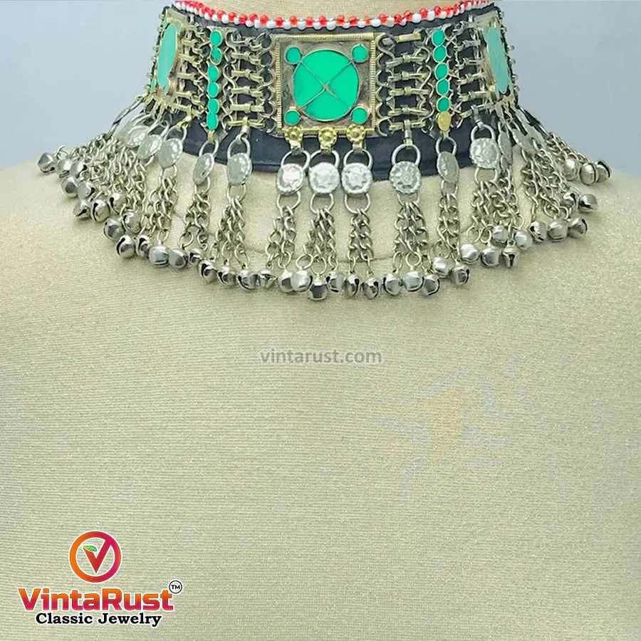 Green Trendy Choker Necklace With Dangling Silver Bells