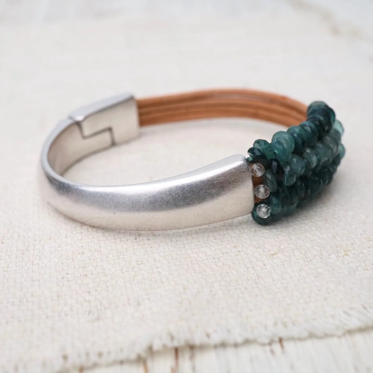Hand Stitched Grandidierite Heishi with Topaz Trim Leather Bracelet