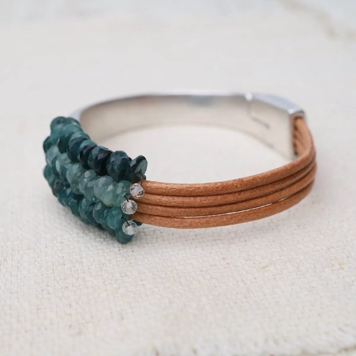 Hand Stitched Grandidierite Heishi with Topaz Trim Leather Bracelet