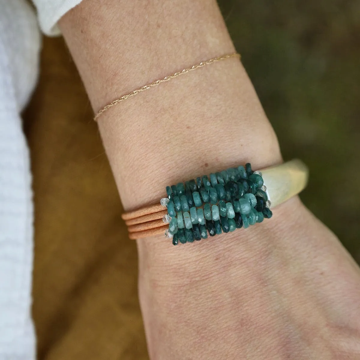 Hand Stitched Grandidierite Heishi with Topaz Trim Leather Bracelet