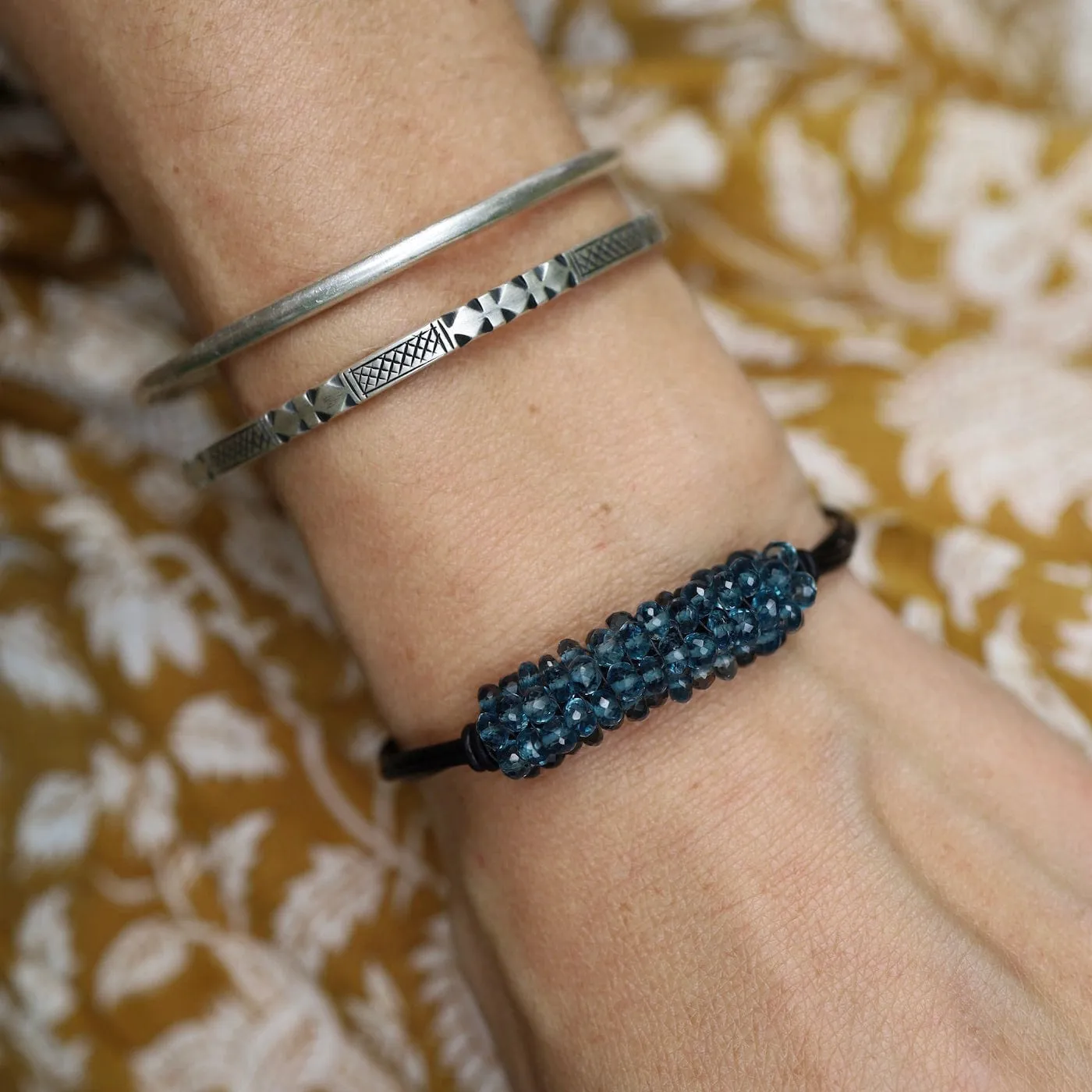 Hand Stitched London Blue Topaz Black Leather Bracelet