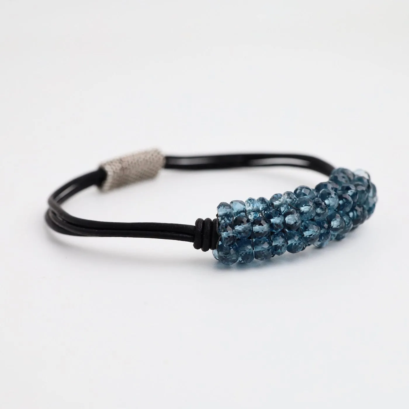 Hand Stitched London Blue Topaz Black Leather Bracelet