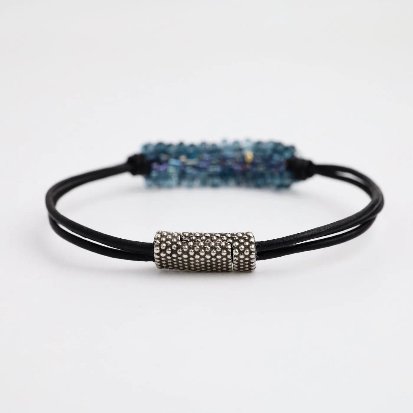 Hand Stitched London Blue Topaz Black Leather Bracelet