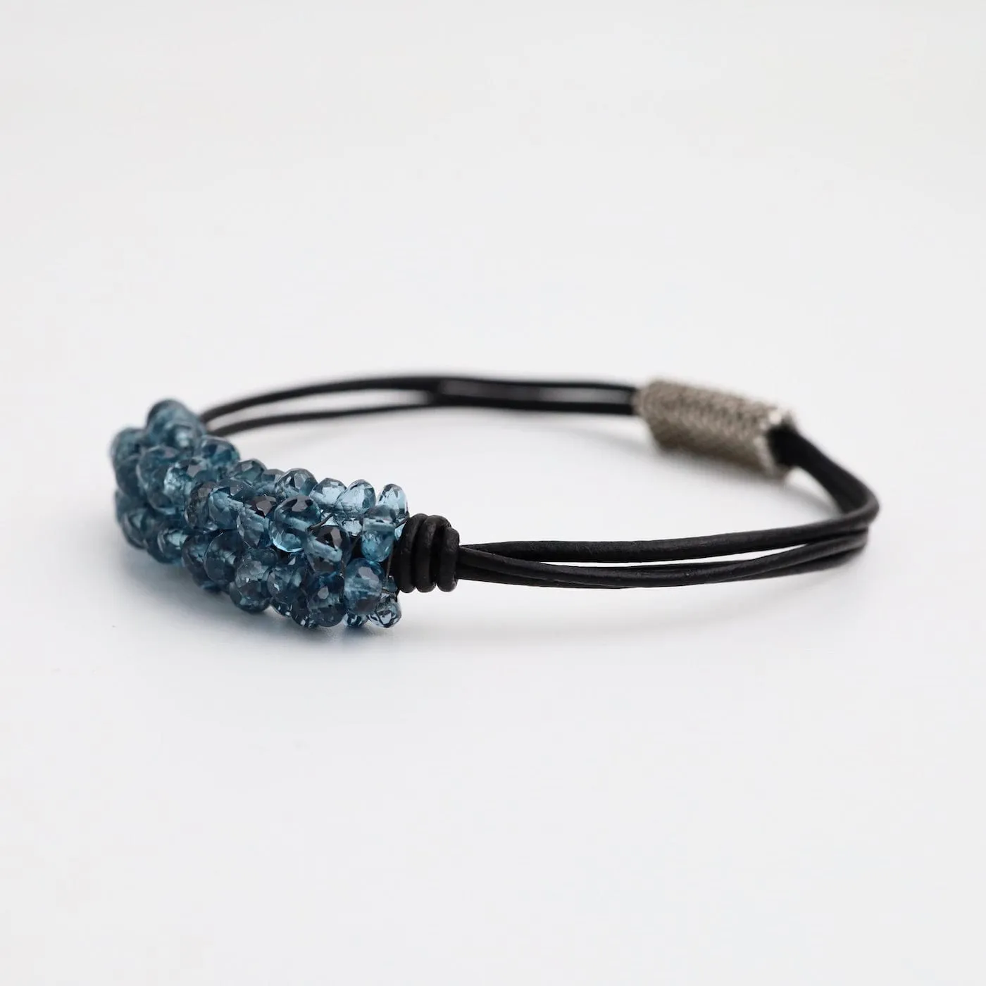 Hand Stitched London Blue Topaz Black Leather Bracelet