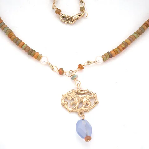 Harlequin opal 14kt  Lion Necklace