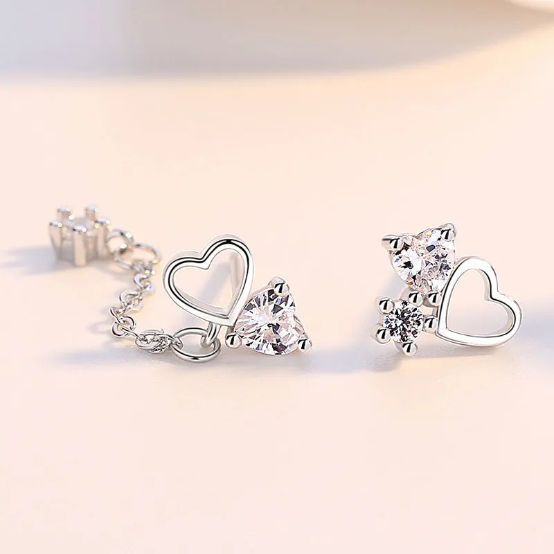 Hollow Heart with Zircon Asymmetric Silver Drop Earrings for Women