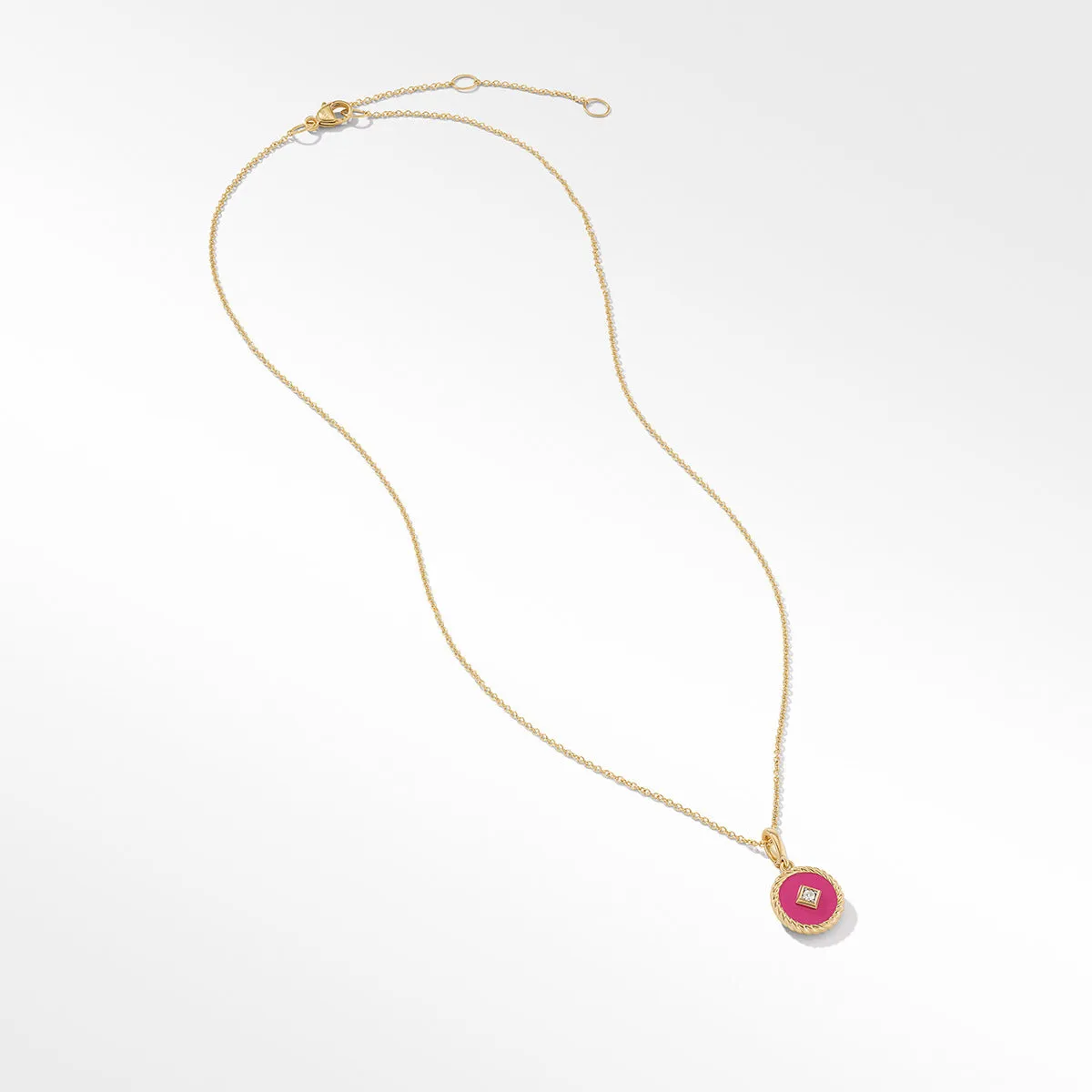 Hot Pink Enamel Charm Necklace with 18K Yellow Gold and Diamond