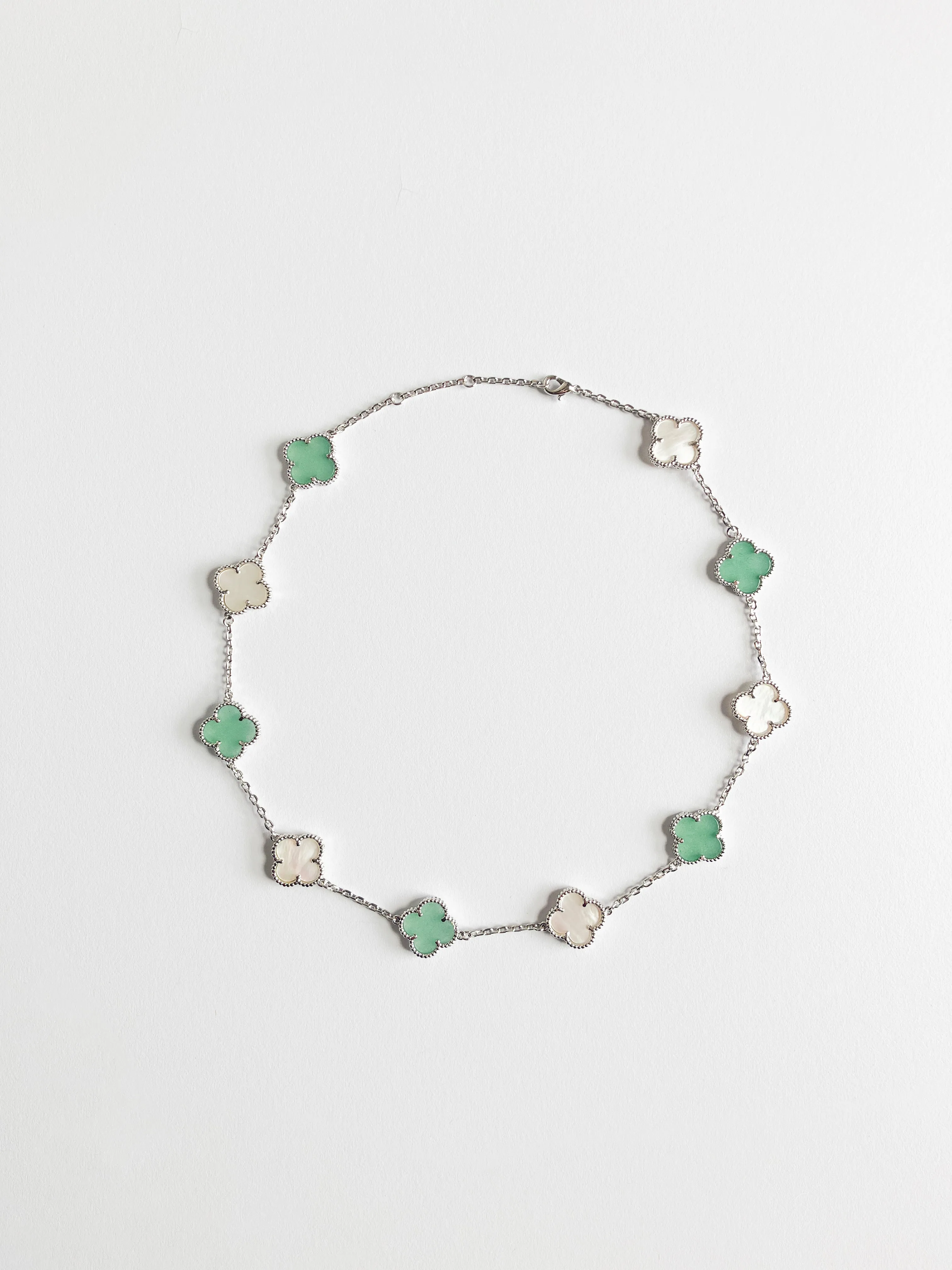 Jade and Mother of Pearl Quatrefoil Necklace in Silver