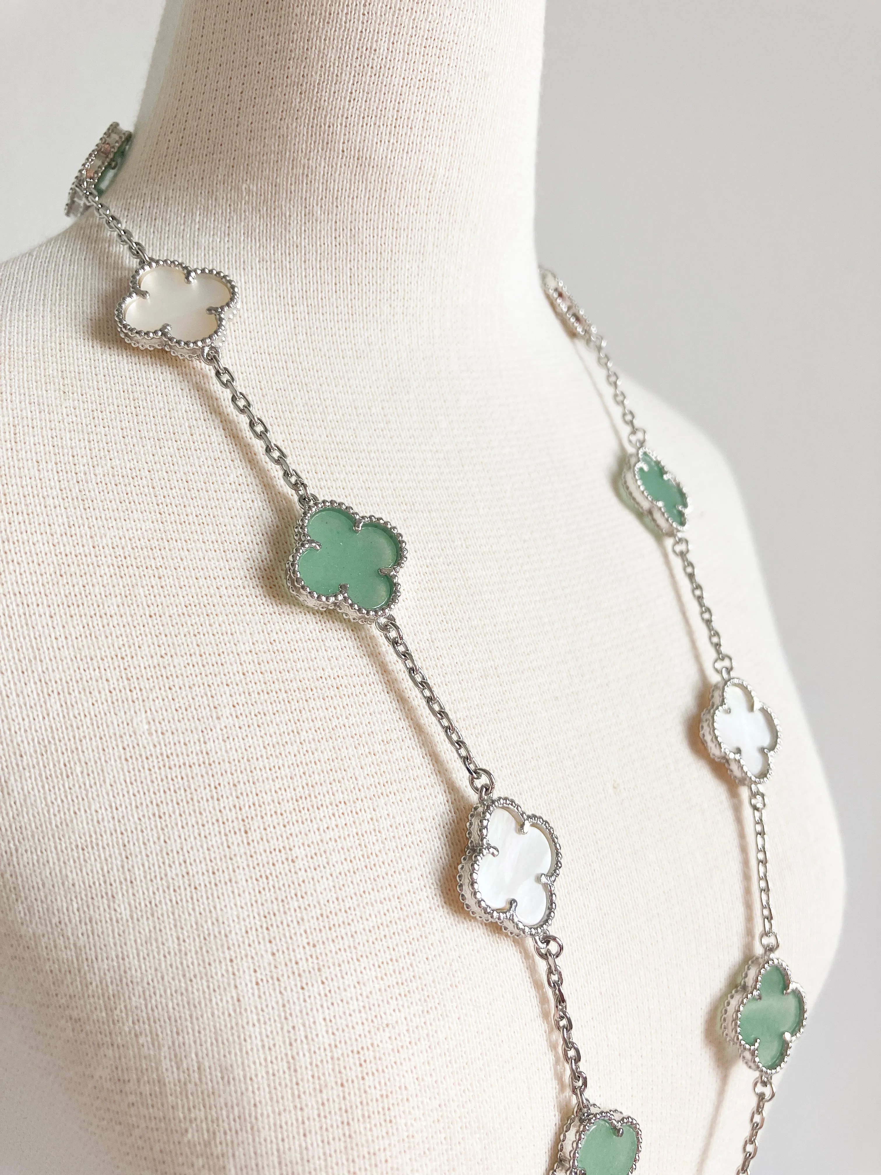 Jade and Mother of Pearl Quatrefoil Necklace in Silver